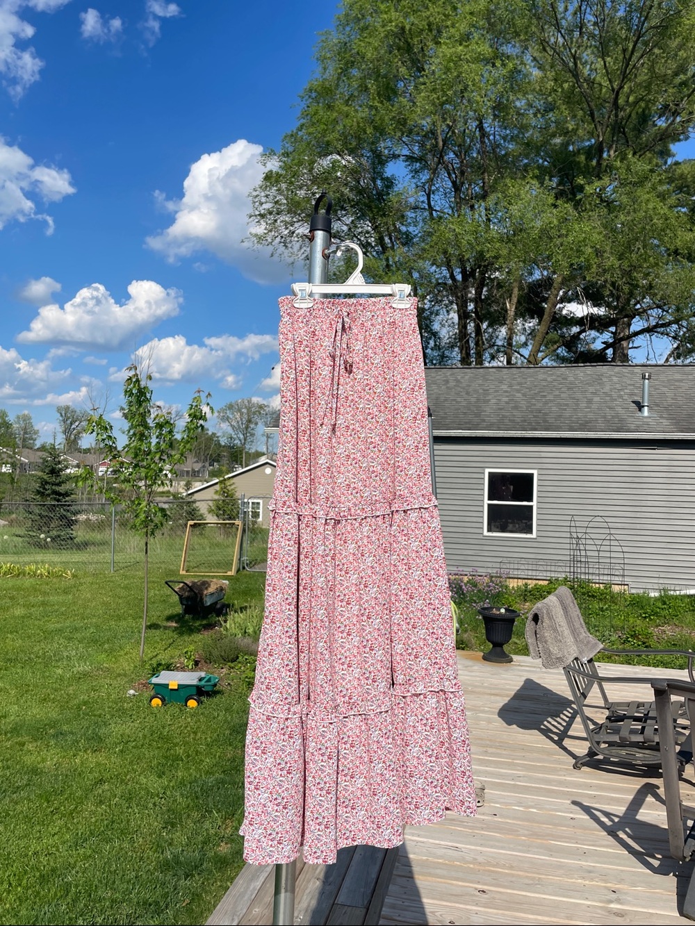 Pink Lily, Small, Pink & White Floral Tiered Maxi Skirt